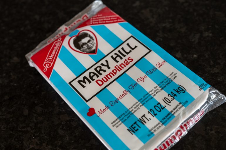 Close up of frozen Mary Hill Dumplings.