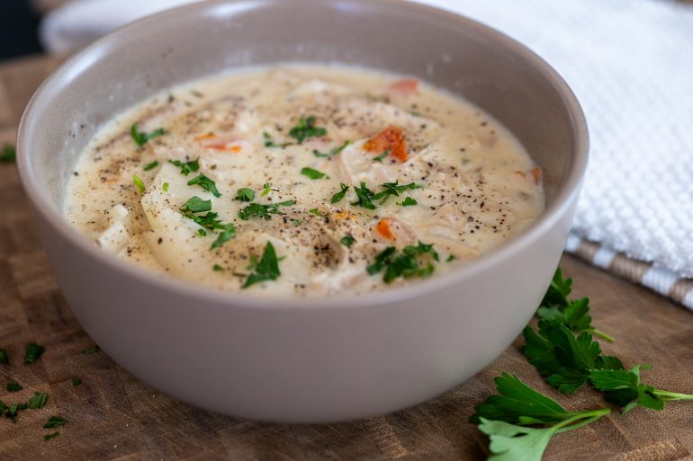 Close up of a bowl of soup.