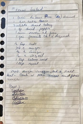 Handwritten recipe note that is called "Xmas Salad."