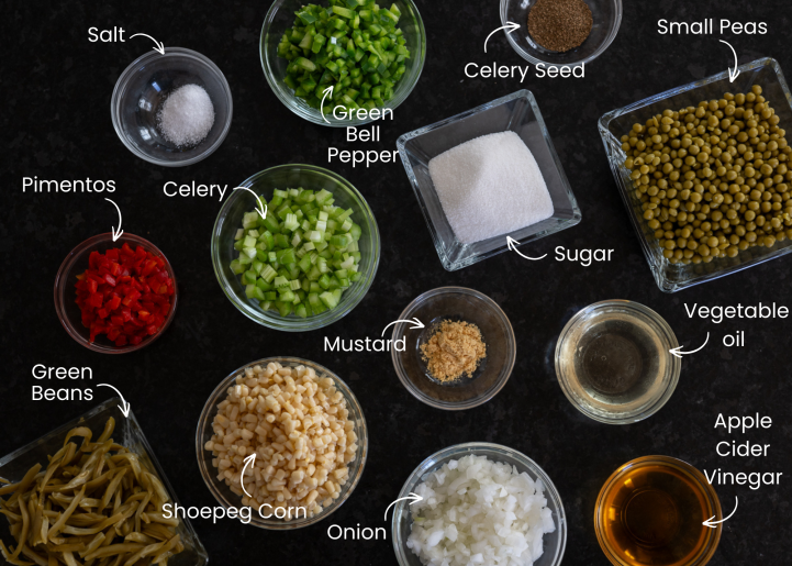 Photo of a bunch of ingredients that are labeled. The photo is taken from above.
