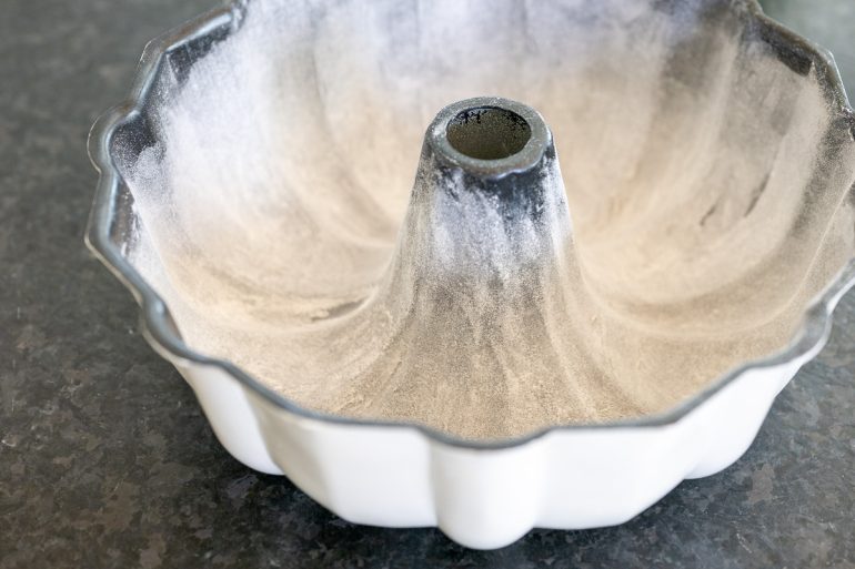 A bundt pan that has been greased and floured.
