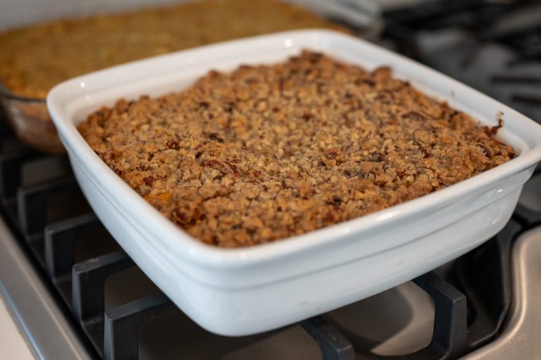An entire 9x9 pan. This is a dish with a golden brown pecan topping.